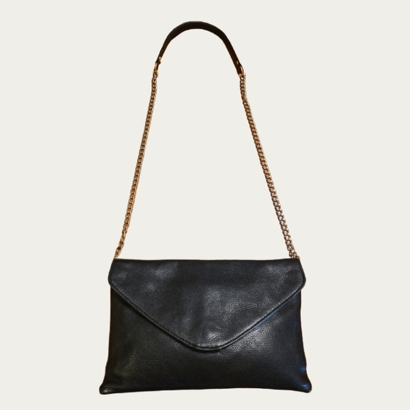 J. Crew Classic  Black Pebbled Leather Envelope Chain Strap Convertible Clutch - Picture 4 of 12